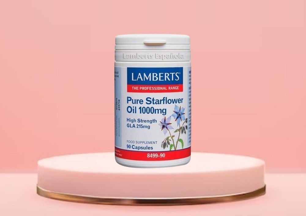 Envase de Aceite de Borraja Puro Lamberts, suplemento con alto contenido de GLA para la salud de la piel y apoyo en el bienestar femenino