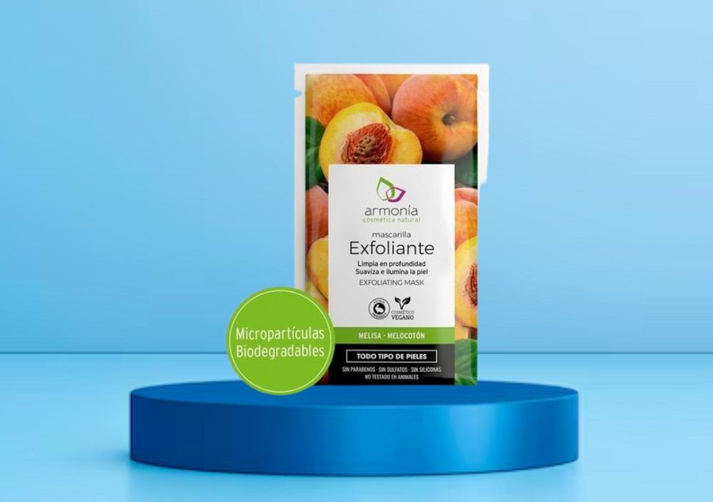 Envase de Mascarilla Exfoliante de Melisa y Melocotón Armonía, exfoliante natural con semillas biodegradables para una piel limpia y saludable