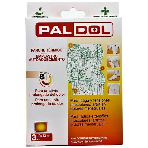 Parche térmico PALDOL para alivio del dolor muscular y articular, ideal para calmar molestias en lumbago, menstruación y reuma