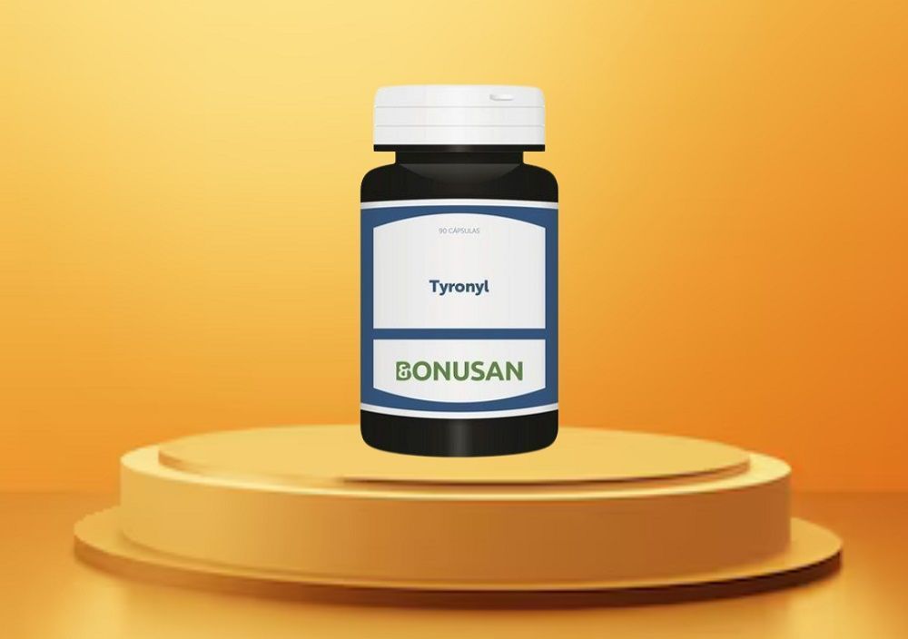 Envase de Tyronyl Bonusan, suplemento para la salud tiroidea con yodo, selenio y L-tirosina